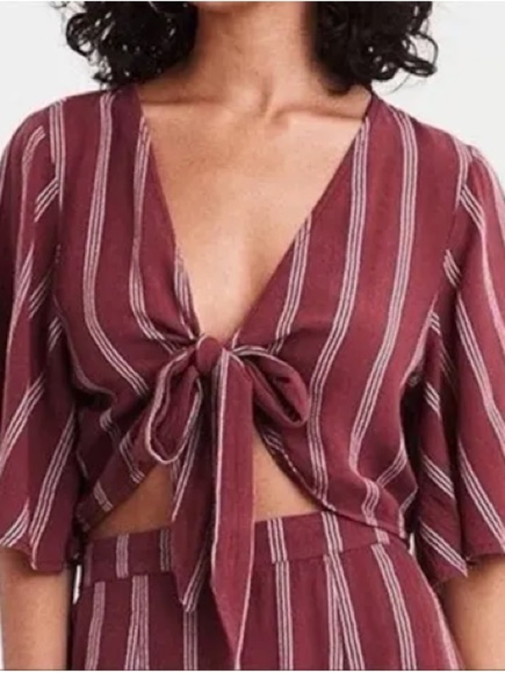 American Eagle Outfitters Wine Striped Tie-Front Crop Top